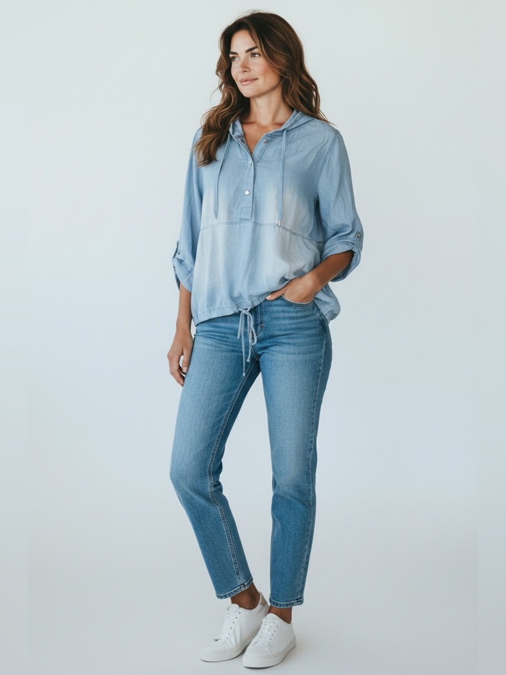 Chico's Zenergy Soft Light Blue Distressed Button-Front Hooded Pullover Top